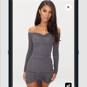 Ribbed Long Sleeve Bardot Ruched Bodycon Dress